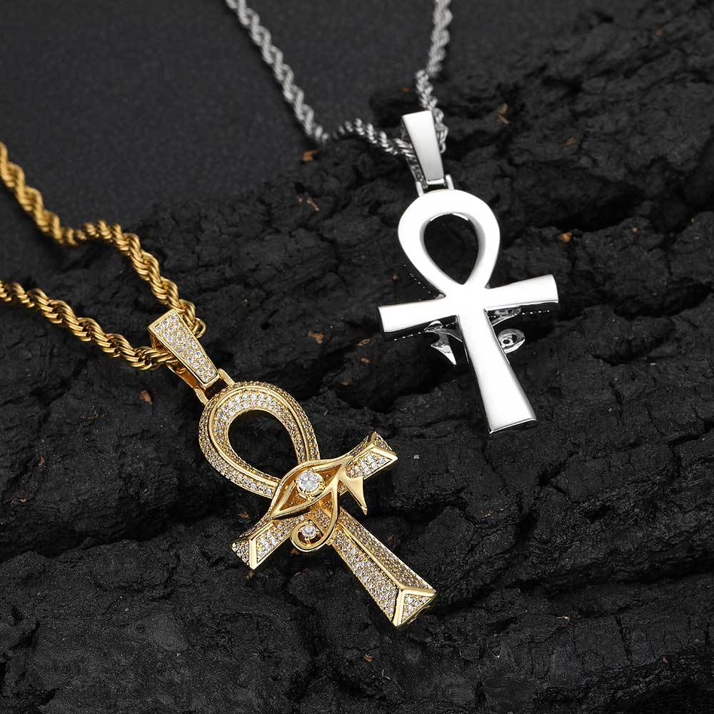 18K Gold Iced Egyptian Ankh Cross Pendant Iced Out Tripodjewelry