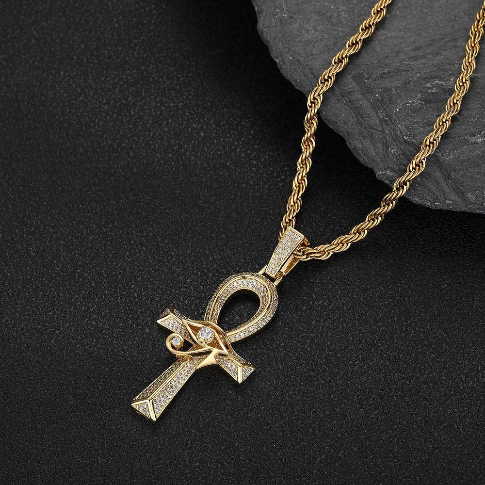 18K Gold Iced Egyptian Ankh Cross Pendant Iced Out Tripodjewelry