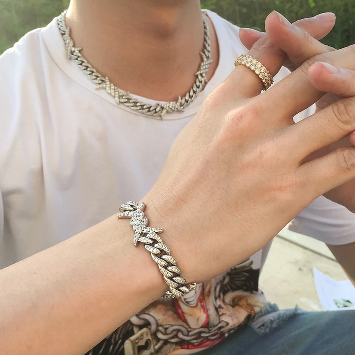 10MM White Gold Iced Out Barb Wire Cuban Link Bracelet