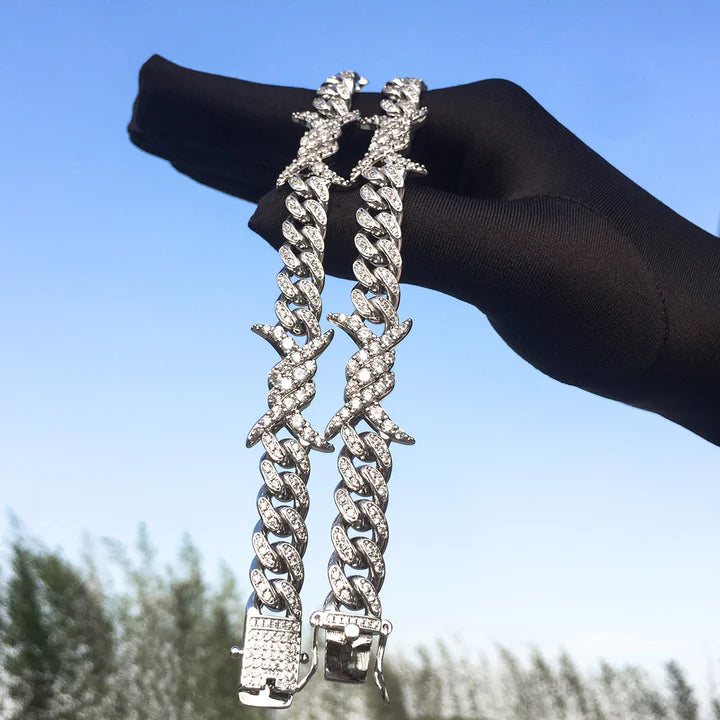 10MM White Gold Iced Out Barb Wire Cuban Link Bracelet