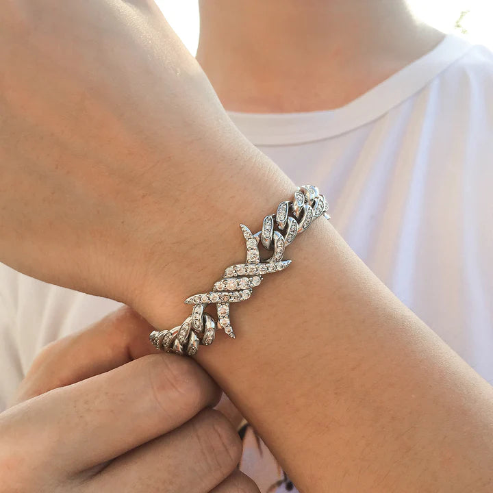 10MM White Gold Iced Out Barb Wire Cuban Link Bracelet