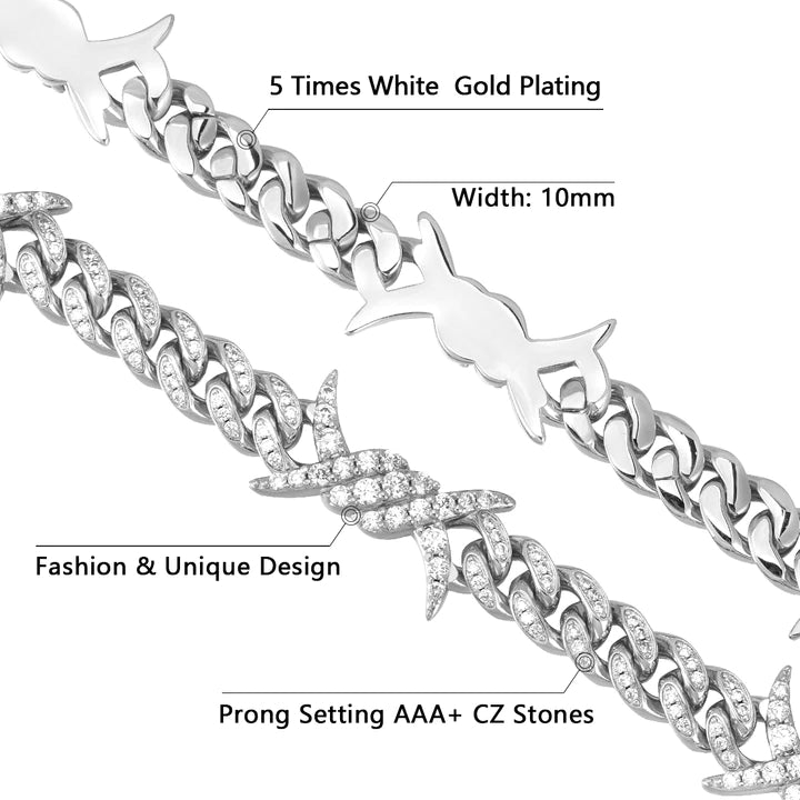 10MM White Gold Iced Out Barb Wire Cuban Link Bracelet