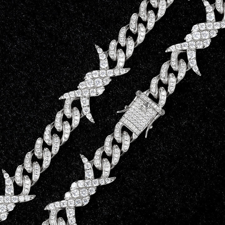 10MM White Gold Plated Iced Out Barb Wire Cuban Link Chain Hip Hop TRIPOD JEWELRY