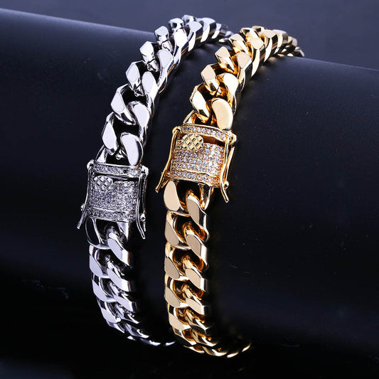10MM 18K/White Gold Zircon Clasp Miami Cuban Link Bracelet TRIPOD JEWELRY