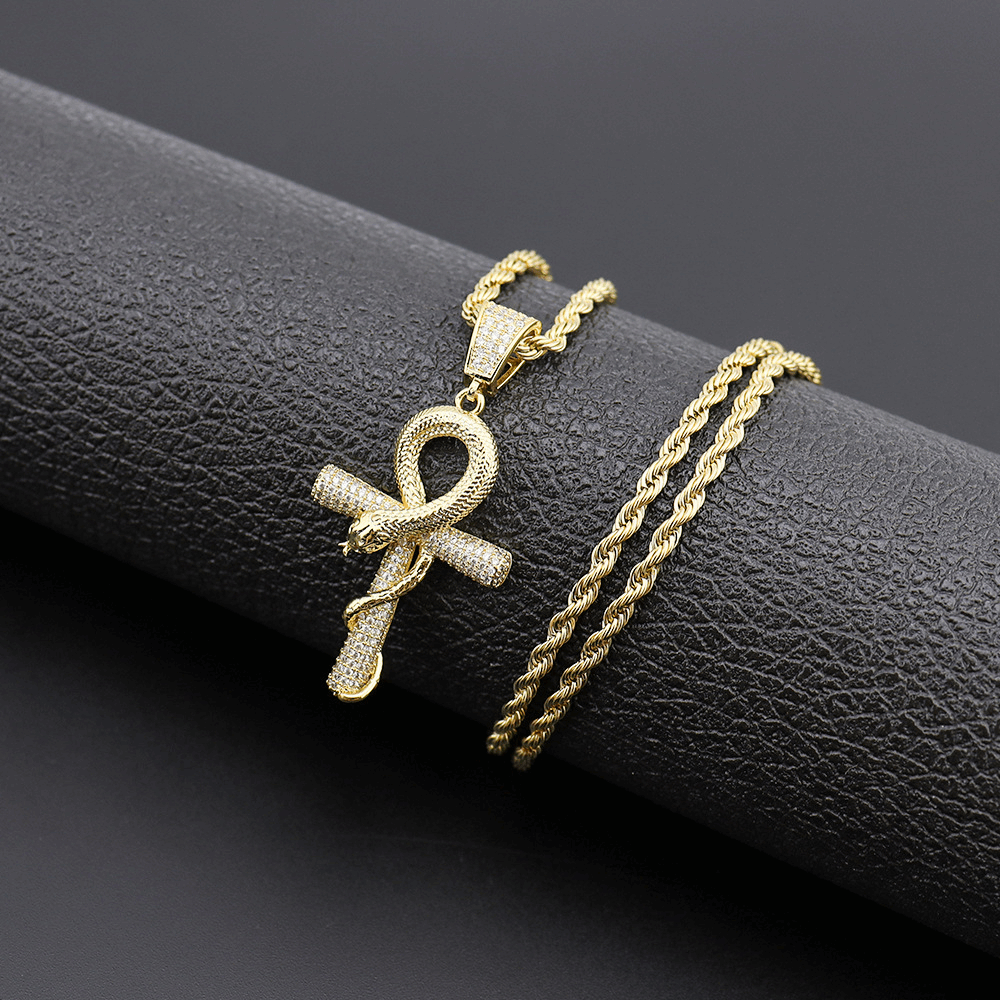 18K Gold Iced Snakelike Cross Pendant