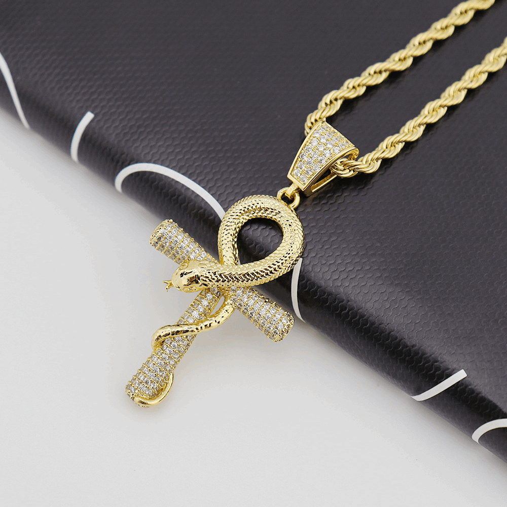 18K Gold Iced Snakelike Cross Pendant