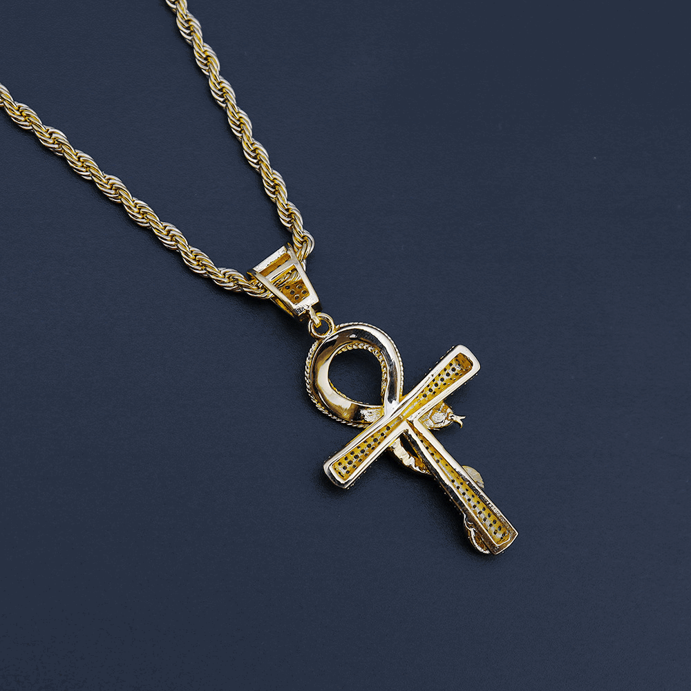 18K Gold Iced Snakelike Cross Pendant