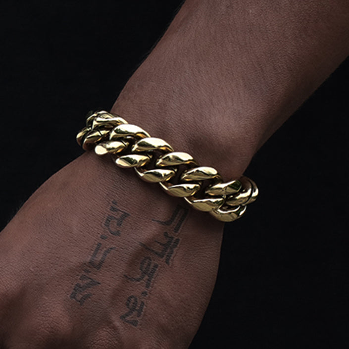 14K Gold Plated Solid Miami Cuban Link Chain & Bracelet Set For Men Tripodjewelry