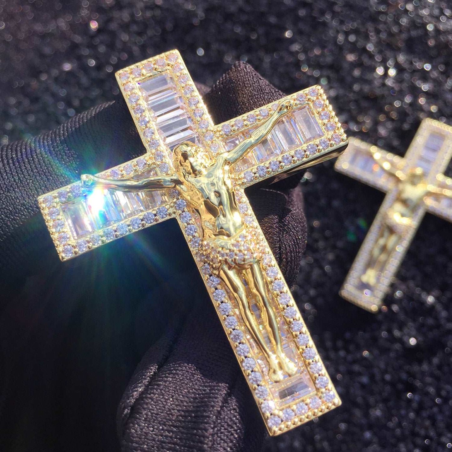 14K Gold Iced Jesus Cross Pendant