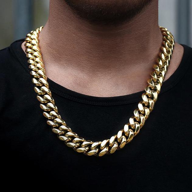 14K Gold Plated Solid Miami Cuban Link Chain & Bracelet Set For Men Tripodjewelry