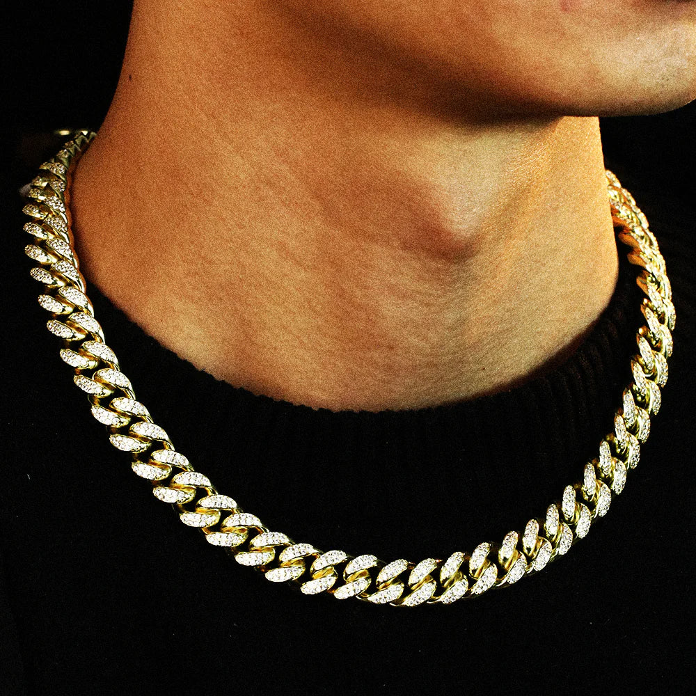 12MM 14K Gold Plated Iced Out Cuban Link Chain TRIPOD JEWELRY