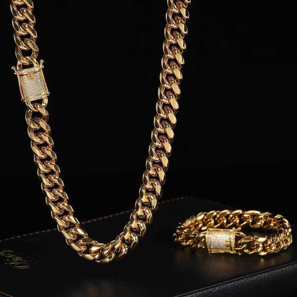 14K Gold Plated Iced Out Clasp Miami Cuban Link Chain Necklace And Bracelet Set Tripodjewelry