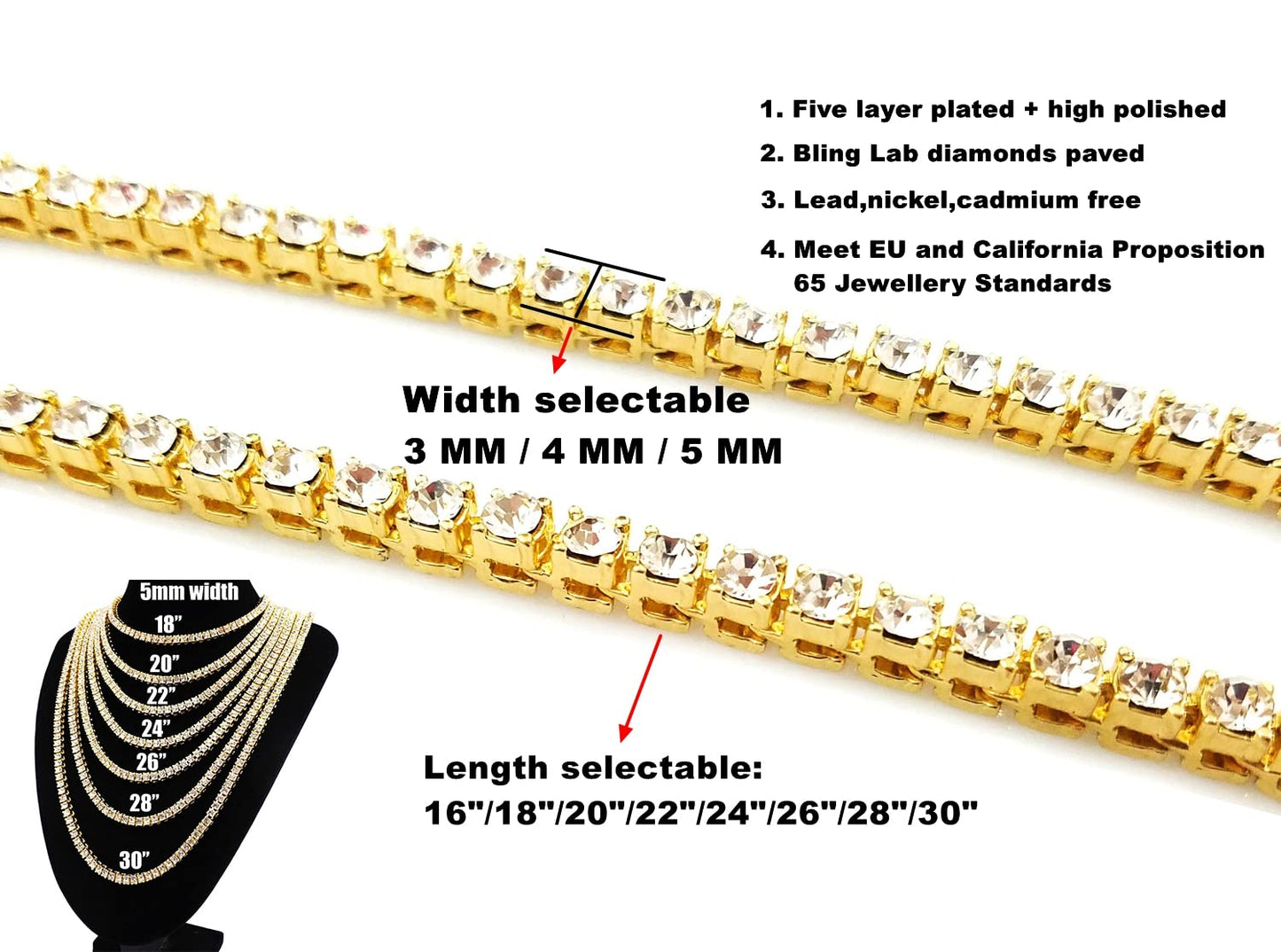 3/4/5MM 14K Gold Iced Out Diamond Tennis Chain 18-30 Inches Necklace for Men and Women