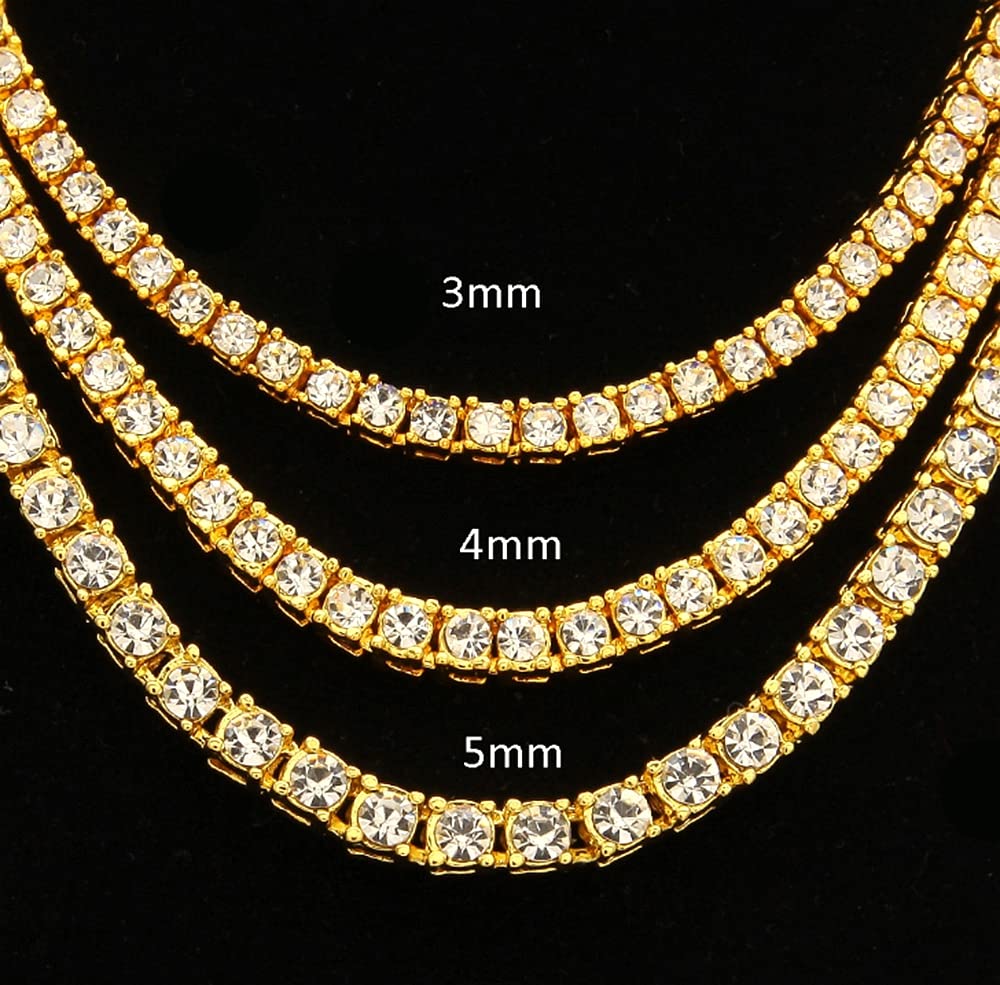 3/4/5MM 14K Gold Iced Out Diamond Tennis Chain 18-30 Inches Necklace for Men and Women