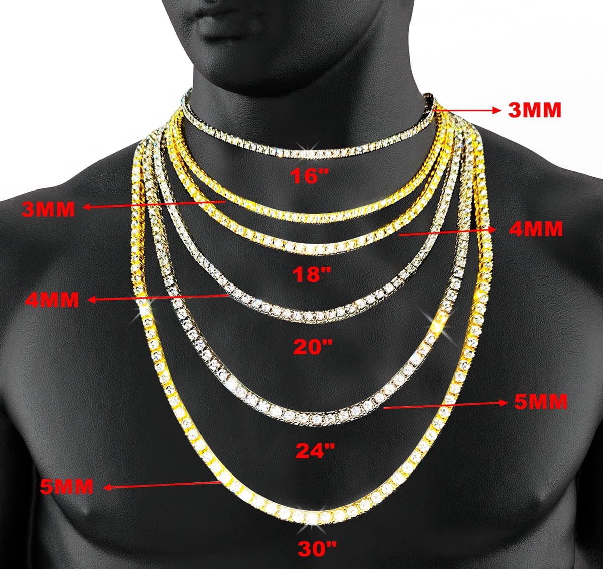 3/4/5MM 14K Gold Iced Out Diamond Tennis Chain 18-30 Inches Necklace for Men and Women