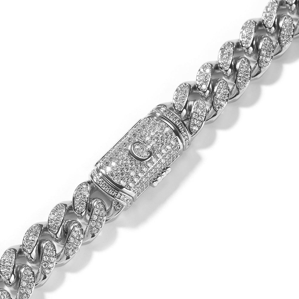 12MM White Gold Letter Iced Out Clasp Cuban Link Chain Necklace Hip Hop