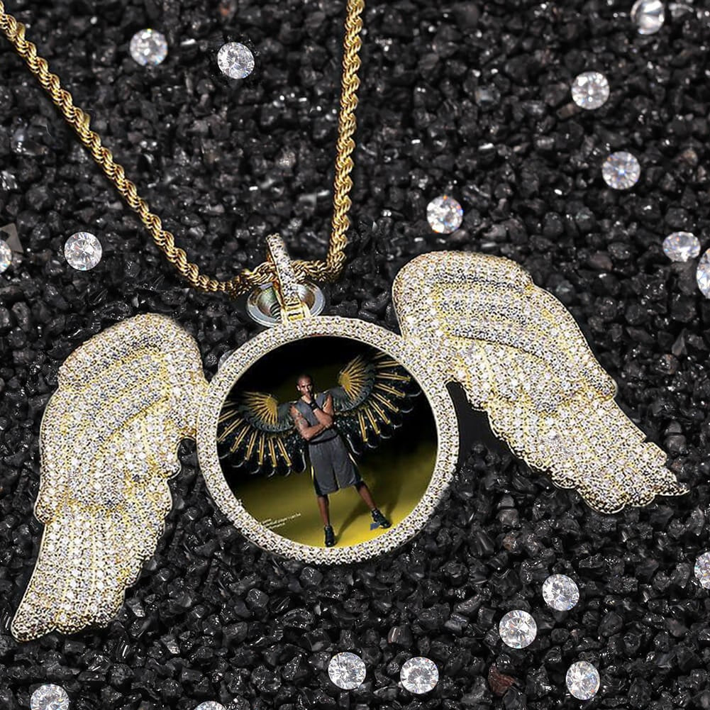 Custom Photo Pendant Necklace With Angel Wings Iced Out Tripodjewelry