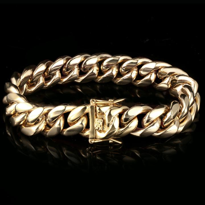 14K Gold Plated Solid Miami Cuban Link Chain & Bracelet Set For Men Tripodjewelry
