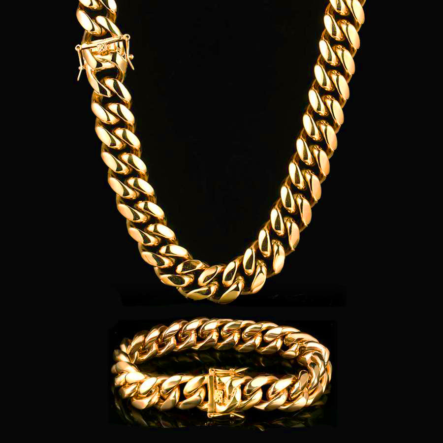 8/10/12MM 18K Gold Plated Miami Cuban Link Chain & Bracelet Set Tripodjewelry