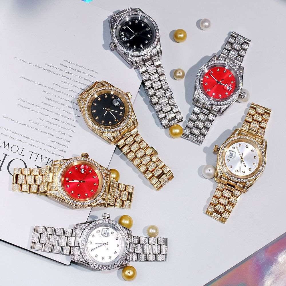18K Gold Plated Red Dial Stainless Steel Iced Out Watch