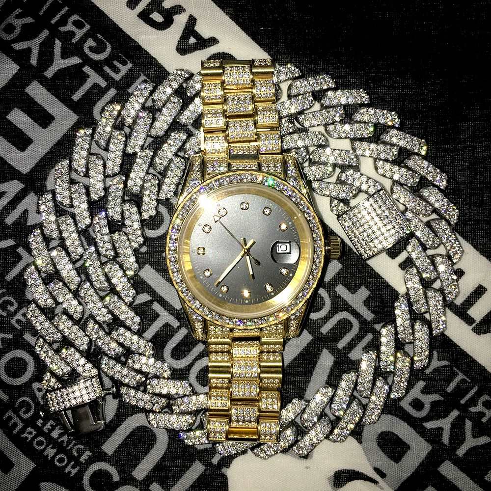 18K Gold Plated Black Dial Stainless Steel Iced Out Watch