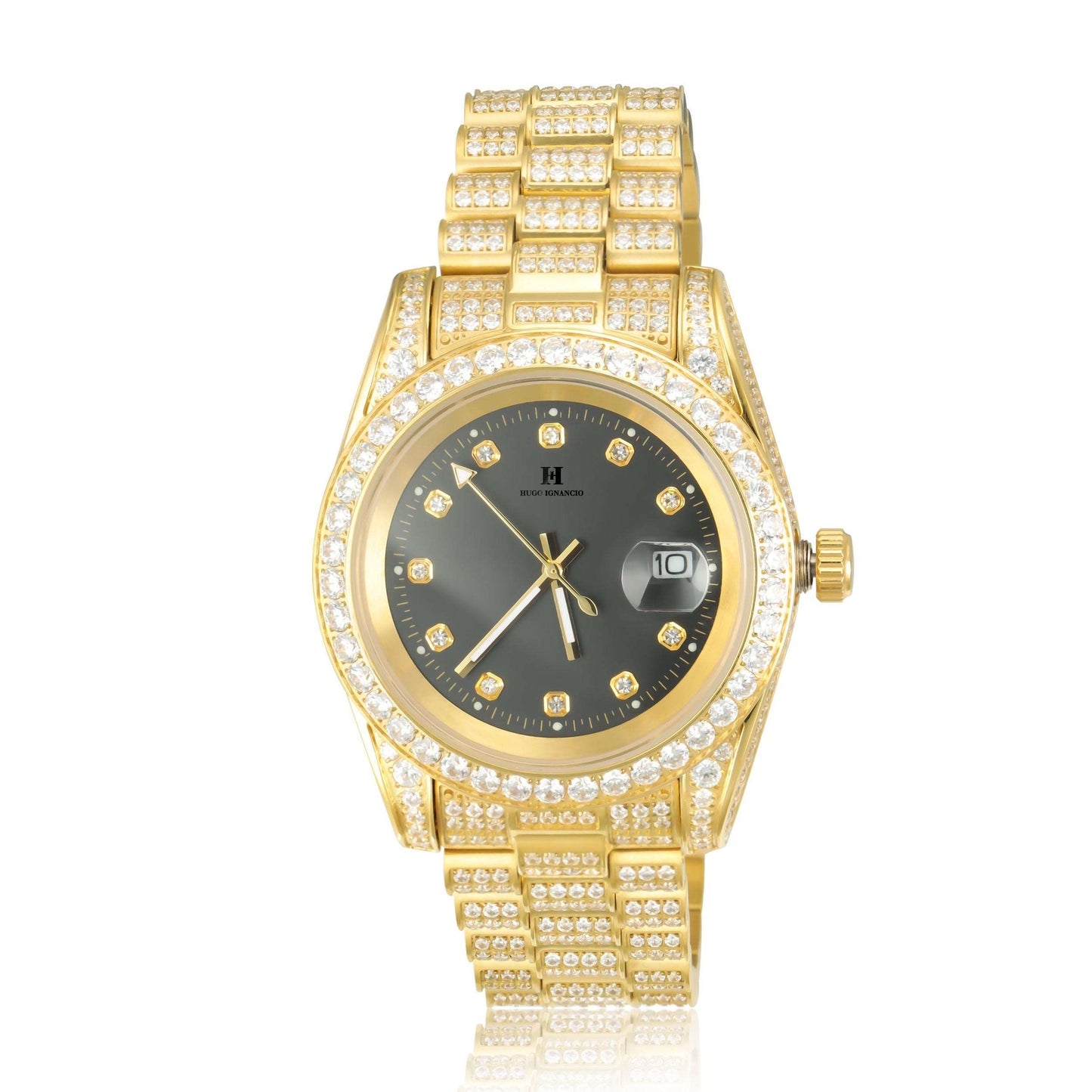 18K Gold Plated Black Dial Stainless Steel Iced Out Watch
