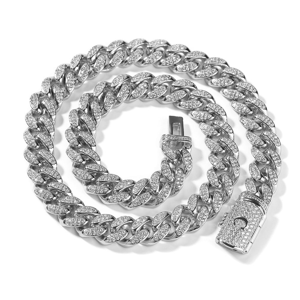 12MM White Gold Letter Iced Out Clasp Cuban Link Chain Necklace Hip Hop