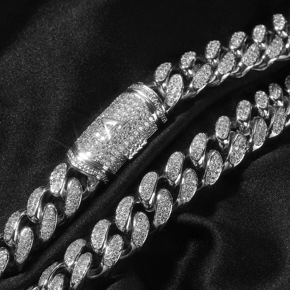 12MM White Gold Letter Iced Out Clasp Cuban Link Chain Necklace Hip Hop