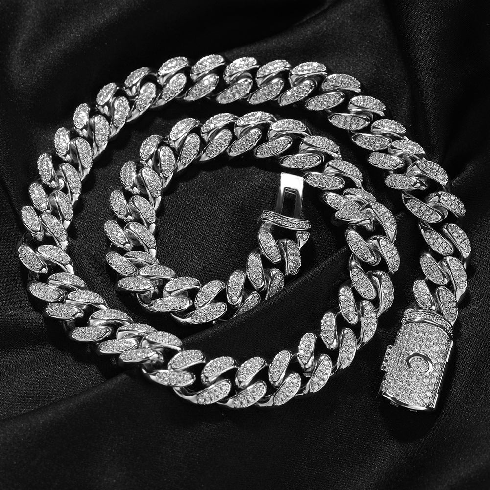 12MM White Gold Letter Iced Out Clasp Cuban Link Chain Necklace Hip Hop