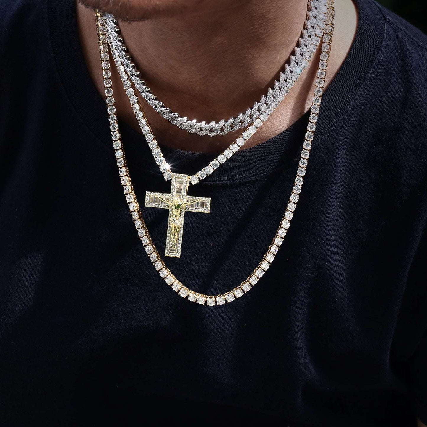 14K Gold Iced Jesus Cross Pendant