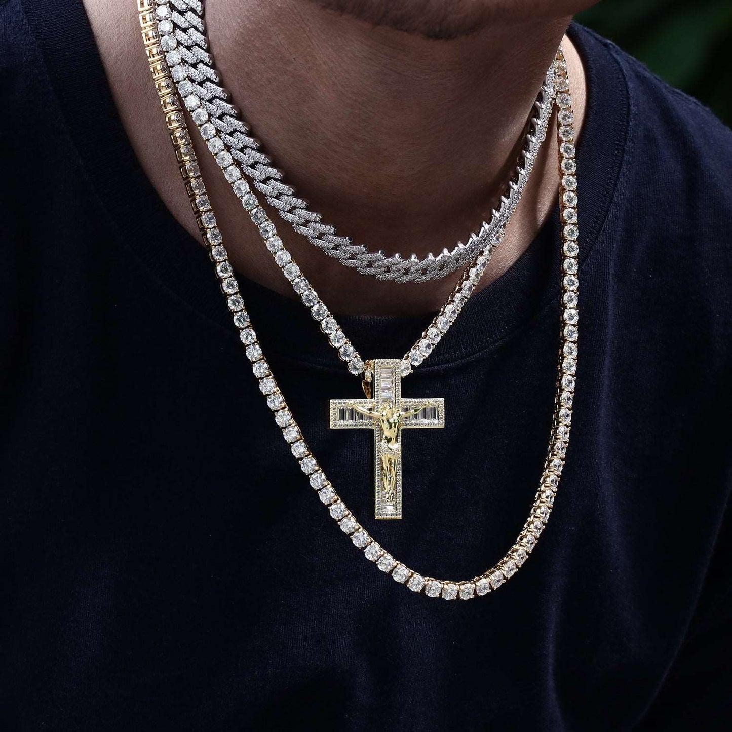 14K Gold Iced Jesus Cross Pendant