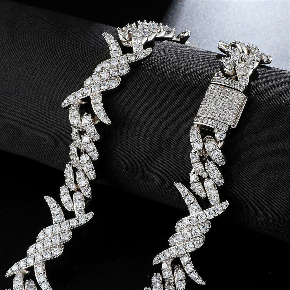 Iced Out Cuban Link Chain White Gold Plated Barb Wire Necklace 18MM
