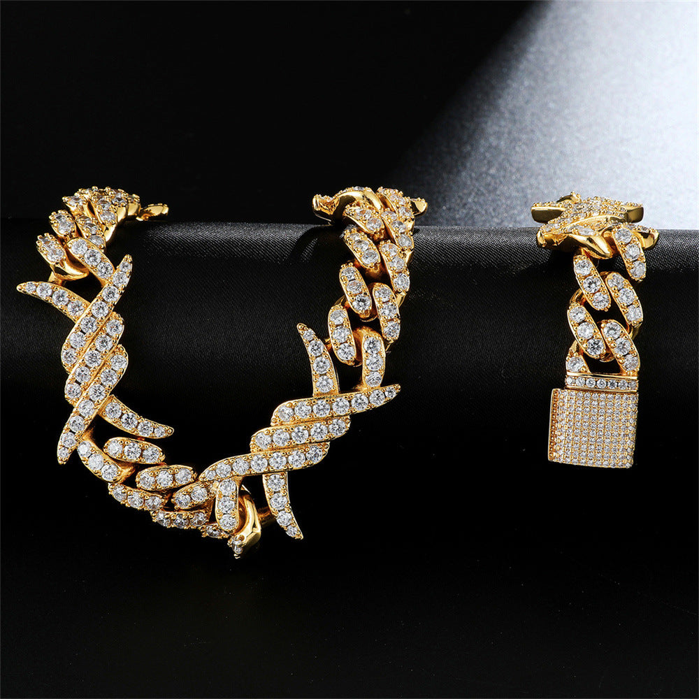 Iced Out Cuban Link Necklace For Men 18K Gold Plated Barb Wire Hip Hop