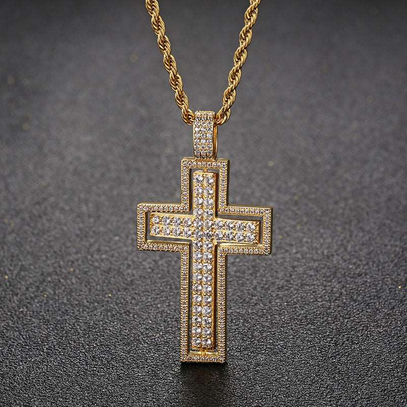 14k Gold Iced 2 Sides Cross Pendant