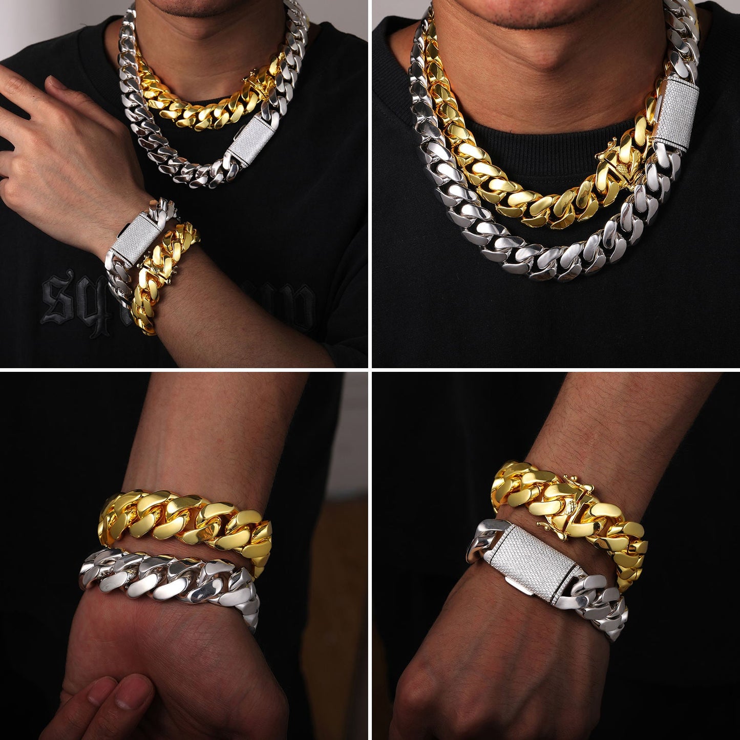 Hip Hop Gold Plated Heavy Solid Miami Cuban Link Chain Necklace & Bracelet Set TRIPOD JEWELRY