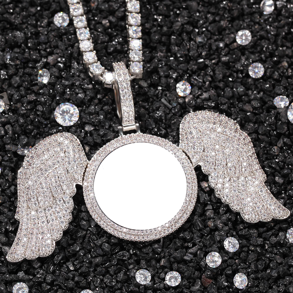 Custom Photo Pendant Necklace With Angel Wings Iced Out Tripodjewelry