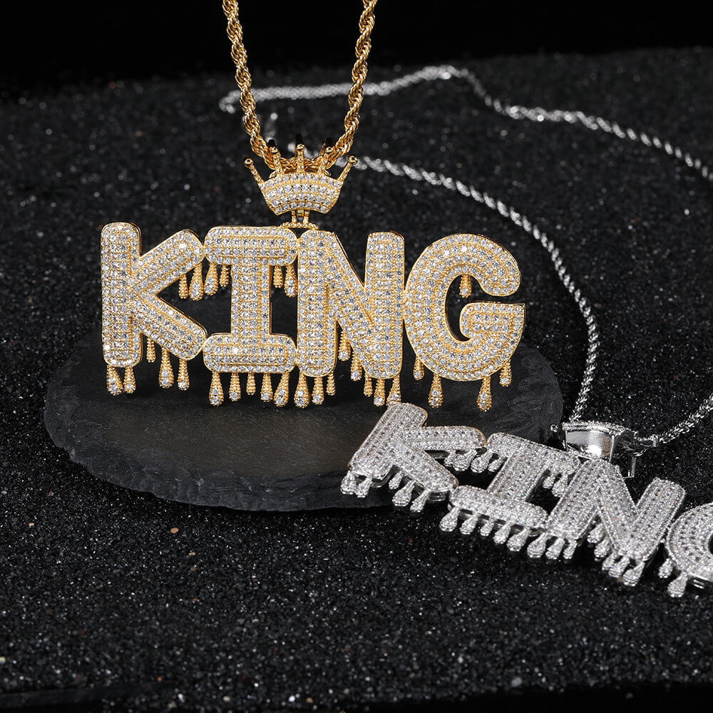 Iced Out CZ Crown Drop Letter Custom Pendant Real 14K Gold Plated TRIPOD JEWELRY