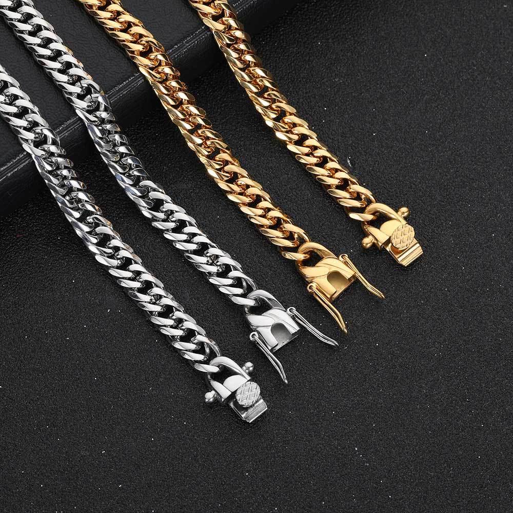 7MM 18K/White Gold Miami Cuban Link Chain Necklace Stainless Steel TRIPOD JEWELRY