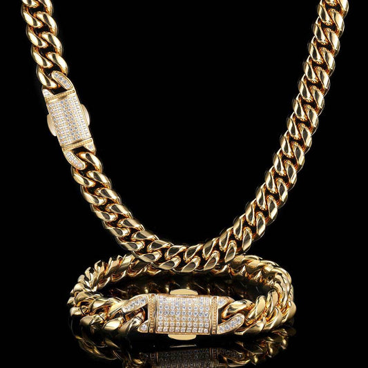 12MM 18K/White Gold Iced Out Clasp Miami Cuban Link Chain Necklace and Bracelet Set TRIPOD JEWELRY