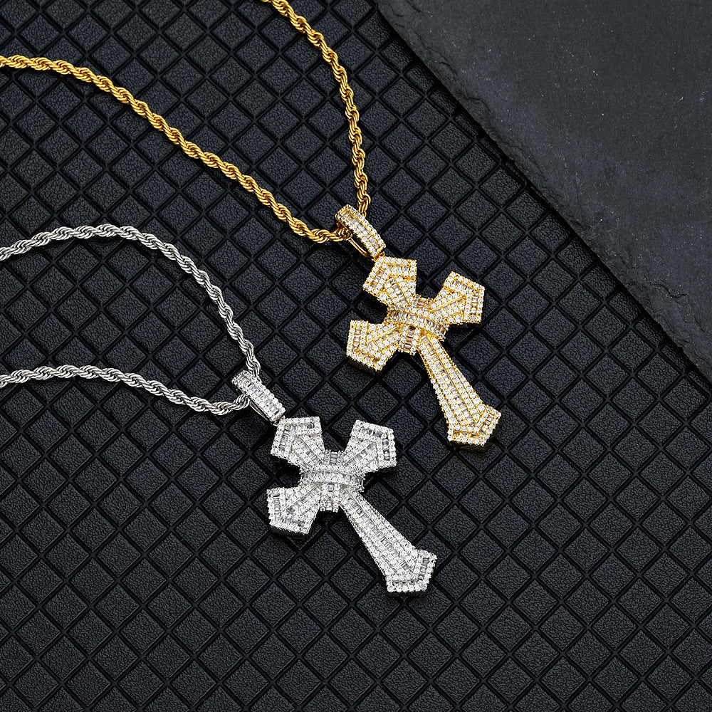 18K/White Gold Iced Out Sharp Corner Cross Pendant TRIPOD JEWELRY