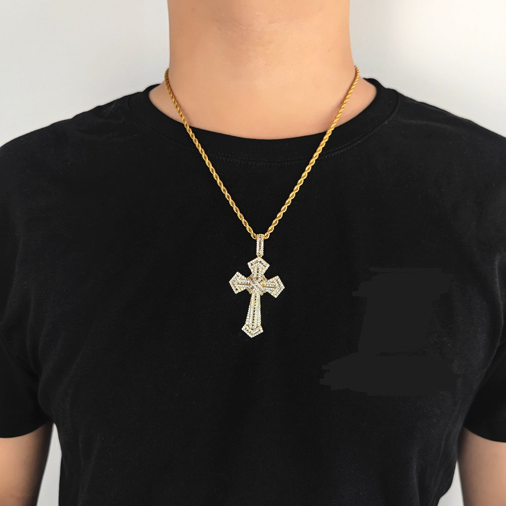 18K/White Gold Iced Out Sharp Corner Cross Pendant TRIPOD JEWELRY