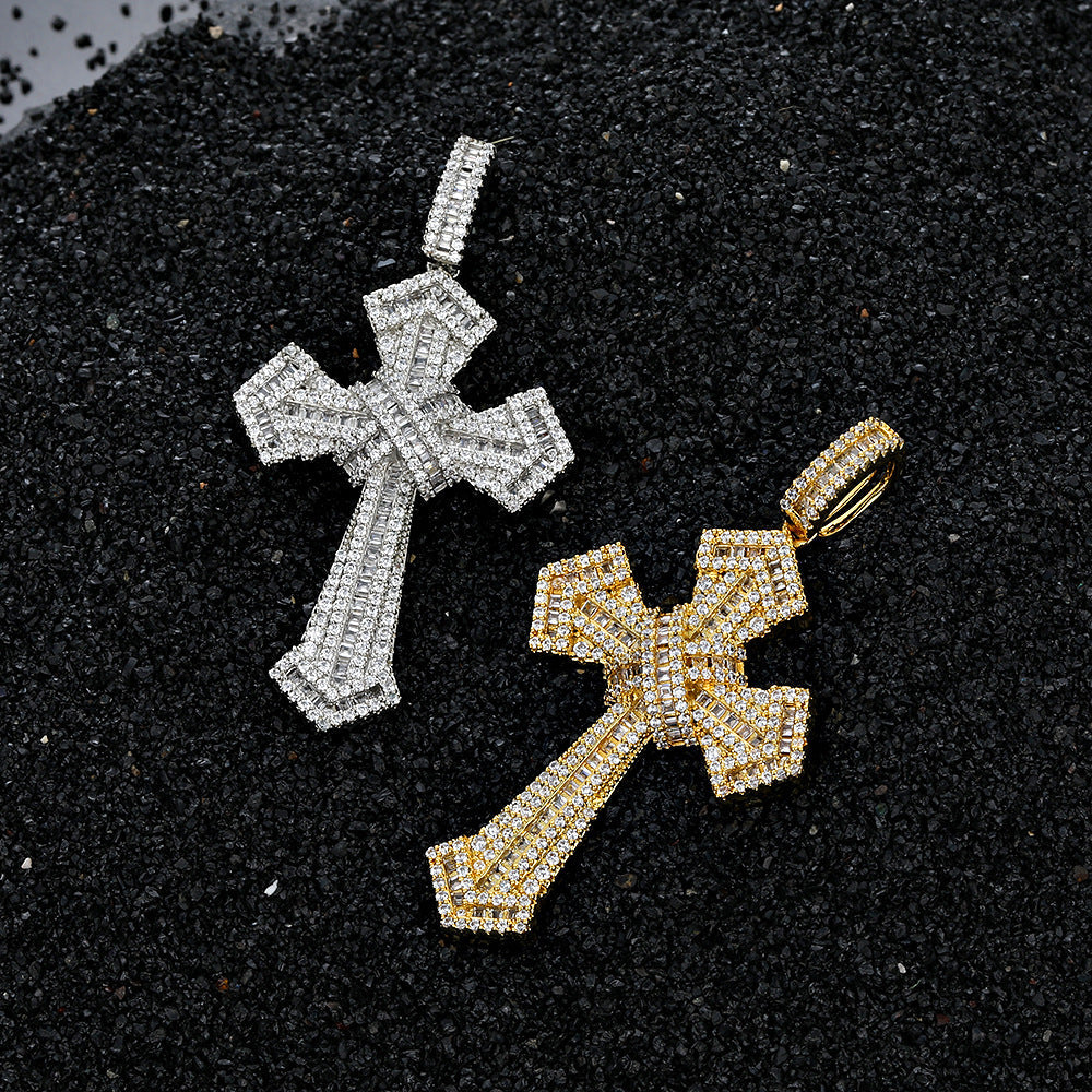 18K/White Gold Iced Out Sharp Corner Cross Pendant TRIPOD JEWELRY