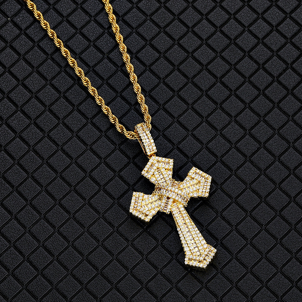 18K/White Gold Iced Out Sharp Corner Cross Pendant TRIPOD JEWELRY