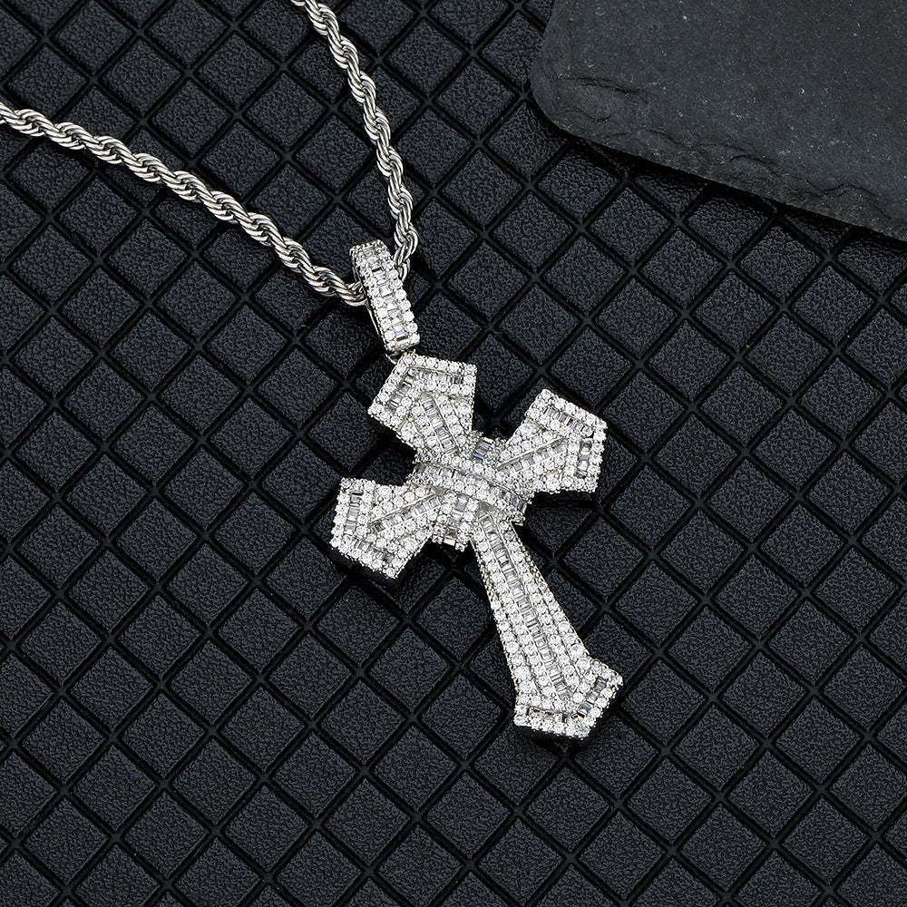 18K/White Gold Iced Out Sharp Corner Cross Pendant TRIPOD JEWELRY