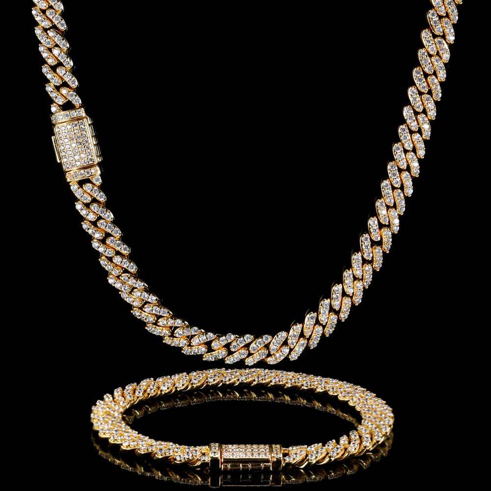 8MM 18K/White Gold Plated Iced Out Cuban Link Chain and Bracelet Set TRIPOD JEWELRY