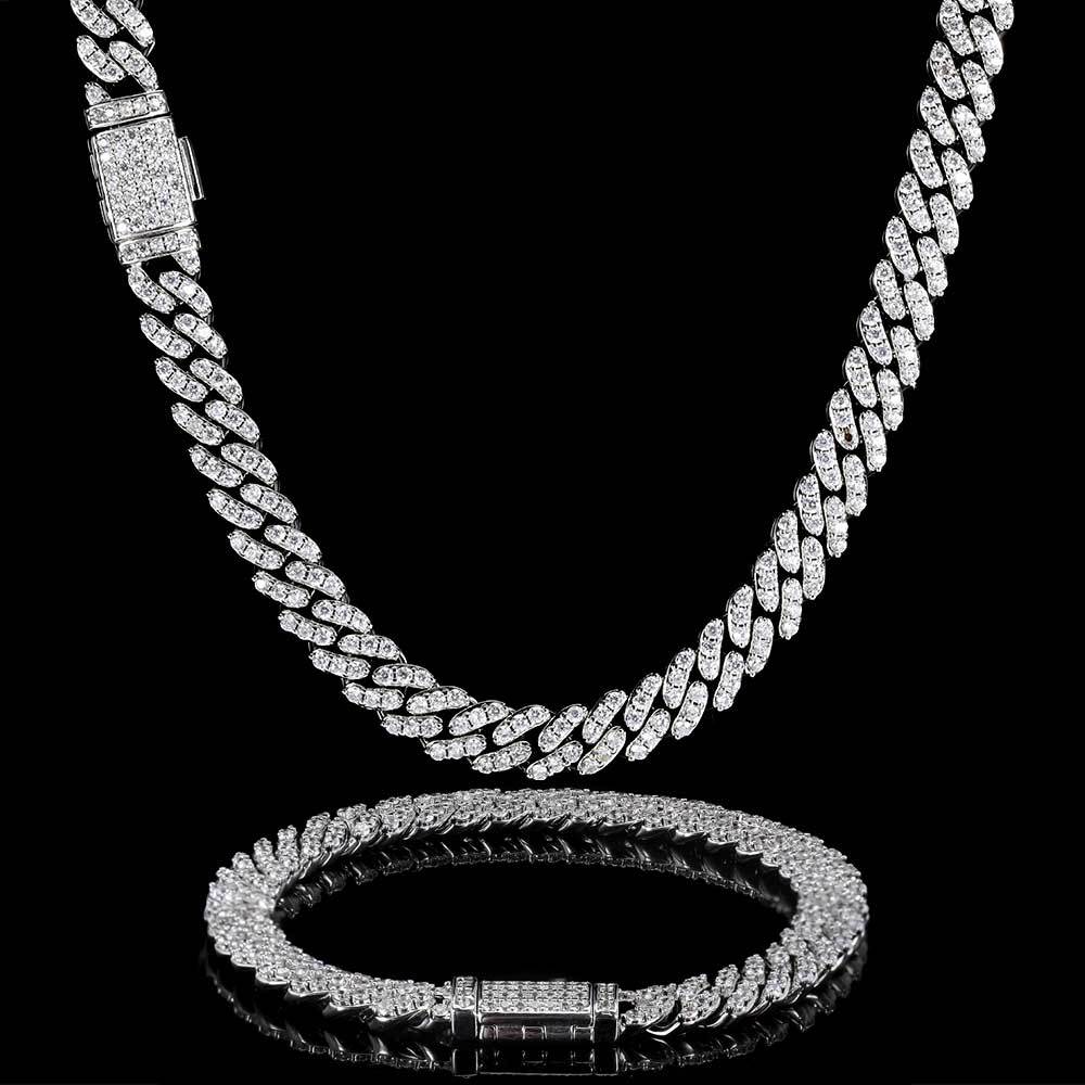 8MM 18K/White Gold Plated Iced Out Cuban Link Chain and Bracelet Set TRIPOD JEWELRY
