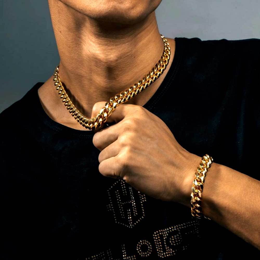 12MM 18K/White Gold Miami Cuban Link Chain Necklace and Bracelet Set Iced Out Cross Clasp TRIPOD JEWELRY