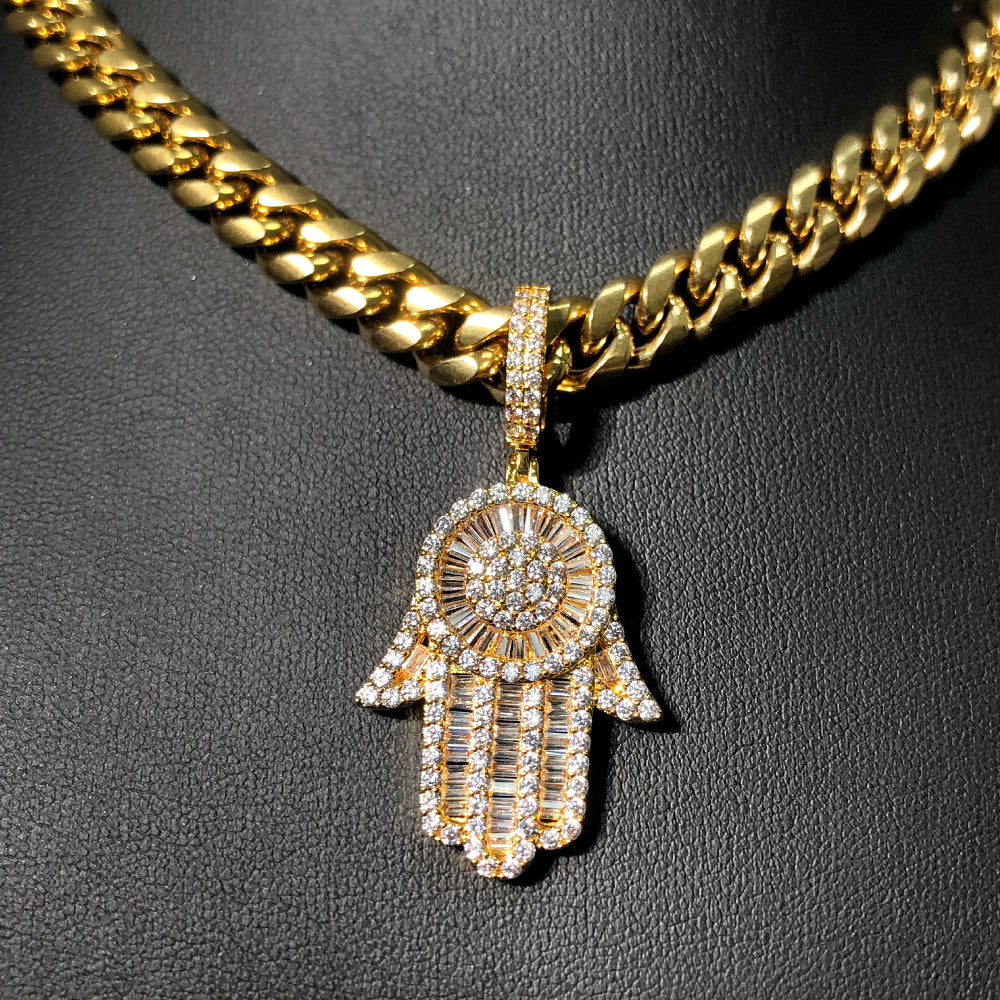18K Gold Baguette Iced Out Hamsa Hand Pendant TRIPOD JEWELRY