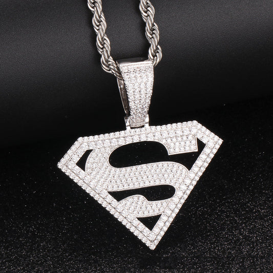 White Gold Iced Out Superman Pendant Stainless Steel Franco Chain Necklace Tripodjewelry