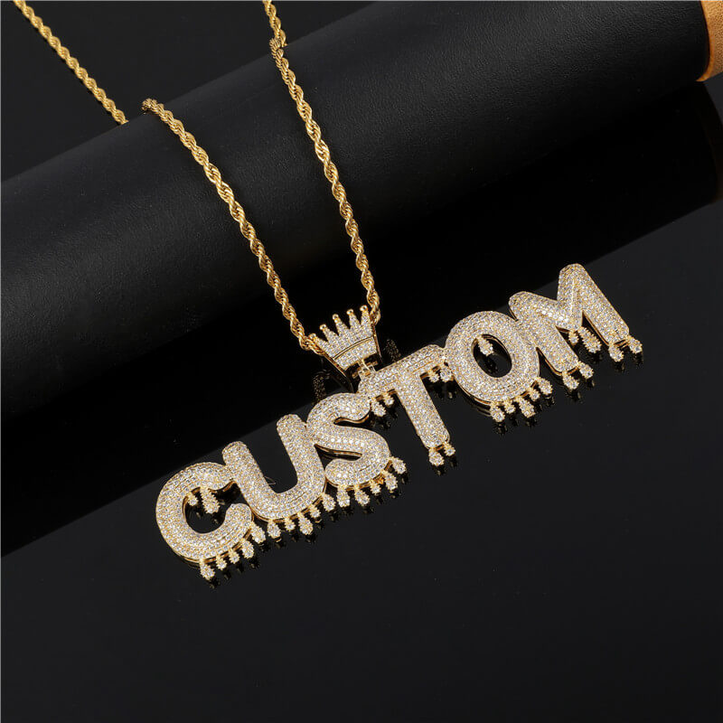 Iced Out CZ Crown Drop Letter Custom Pendant Real 14K Gold Plated TRIPOD JEWELRY